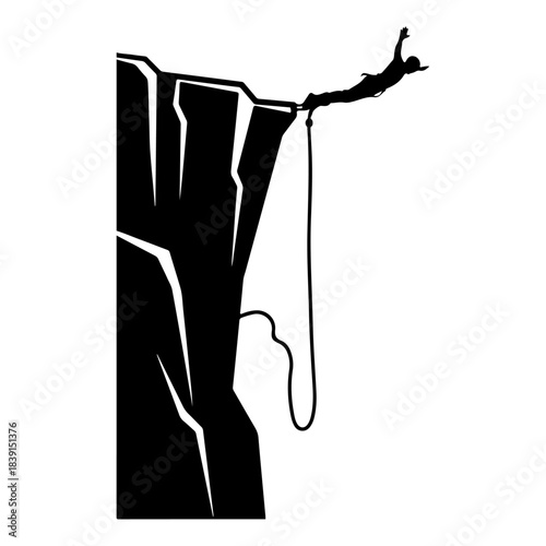 Silhouette of a person bungee jumping off a steep, rocky cliff face against a white background, capturing the thrill of extreme adventure sports