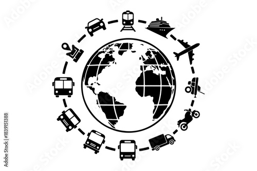 Dynamic representation of global transportation networks and international travel, showcasing diverse modes of transit encircling the Earth, symbolizing worldwide connectivity and logistics