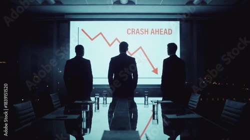 Silhouettes of businessmen watching a market crash graph on a screen. Corporate team facing financial crisis and recession warning in a dark boardroom. Economic downturn concept