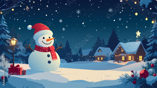 Snowman wearing santa hat standing in winter village at christmas night