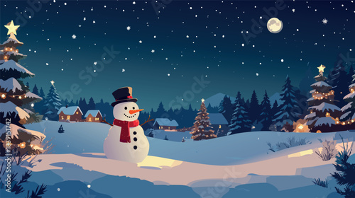 Snowman standing in winter wonderland with christmas trees
