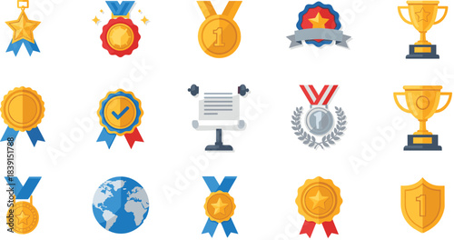 A flat design vector collection of fifteen various achievement symbols, including gold, silver, and bronze medals, trophies, rosettes, badges, and shields for competition and success