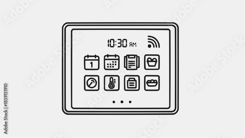 Sleek digital tablet interface with diverse application icons, showing time and Wi-Fi, representing smart home technology, daily management, and connected living