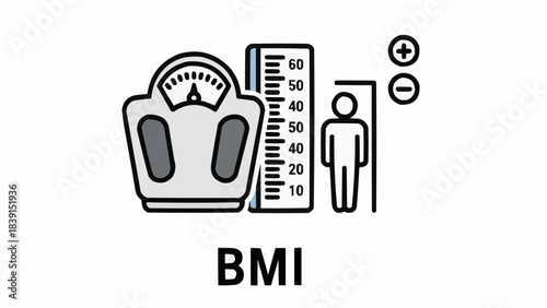 Measuring BMI with scale and height chart illustration for health assessment