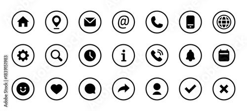 Round UI icon set. Home, location, mail, phone, user, chat, settings and other interface elements in round outline vector illustration. Essential navigation tools for apps sign and modern web design.