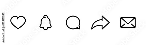 Social media icon set. Heart, bell, chat, share and mail vector illustration. Clean outline symbol for interface and apps sign. Minimal communication concept pictogram.