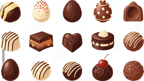 A detailed, colorful vector collection of fifteen gourmet dark and white chocolate candies, truffles, bonbons, and pralines, featuring heart, egg, and square shapes