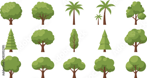 A diverse vector collection of stylized flat design trees, including deciduous, conical, and tropical palm trees, perfect for landscape, park, and nature scene illustration