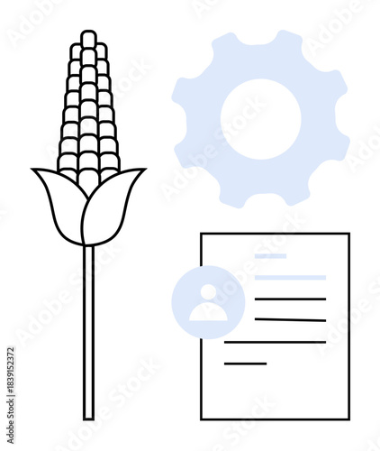 Agriculture, technology, document processing, farming initiatives, crop management, production planning. Corn plant beside a gear and document icon. Agriculture and technology integration idea