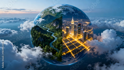 Stunning Earth Showing Nature and Urban Life with Clouds and City Lights at Sunset