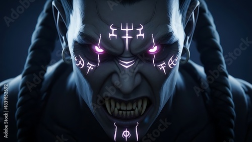 Intense Demon Face with Glowing Eyes and Markings.