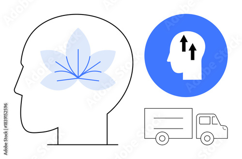 Mental fitness concept. Graphic elements include a head with a lotus flower wellness, arrows indicating growth, and a truck for logistics. Great for mental health, mindfulness, wellness