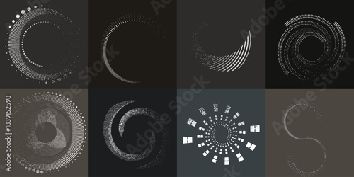 Circular spiral lines element set .Rotate textured vector shapes .Rotating dots form a circle .Rotating and linear design element . Various lines forming round shape . Abstract Geometric line art 