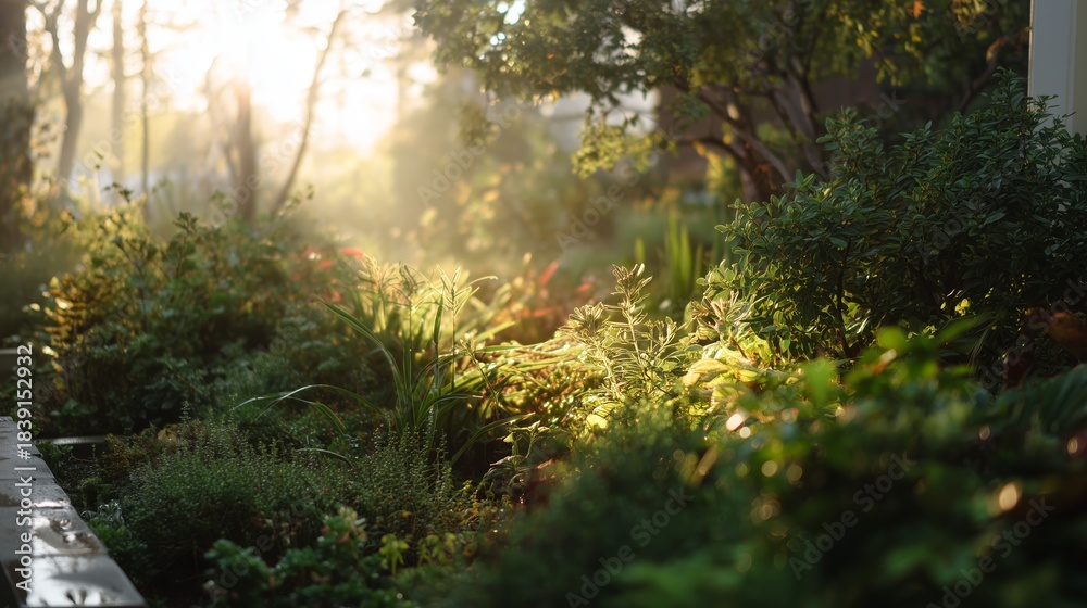 Fototapeta premium Garden scene during morning light with plants and greenery in focus