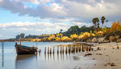 Tranquil Coastal Scene with Old Boat.