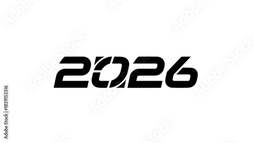 Futuristic stylized black typography displaying the year 2026 prominently against a clean minimalist white background for branding and design projects