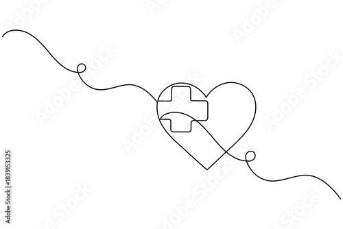One line medical cross heart and ecg minimalist healthcare vector illustration
