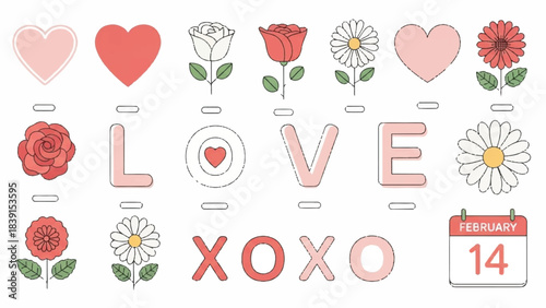 Playful Romantic Graphic of LOVE Word Surrounded by Hearts, Flowers, Leaves and Calendar Icon in White Background