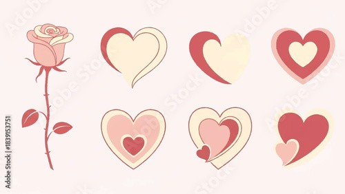 Celebrating love with a delicate rose and hearts illustration, captured in a soft pink setting from a side view perspective