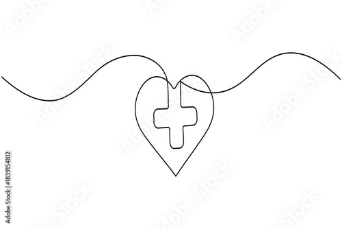 Healthcare heart and cross continuous one line drawing simple outline art
