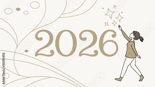 Elegant minimalist illustration celebrating the arrival of the year 2026 with a woman reaching for sparkling stars against a soft background