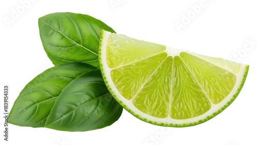 Canvas Print Isolated lime wedge with green basil leaves for cocktails and food decoration sh