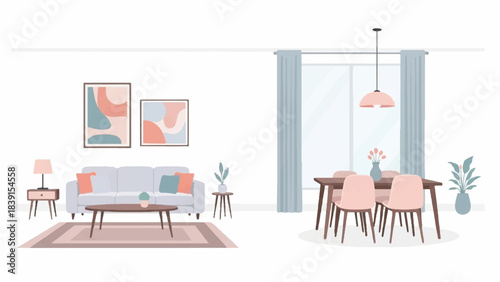 Modern Living Room and Dining Area Interior Design, Minimalist Home, Cozy Environment, Front View Illustration
