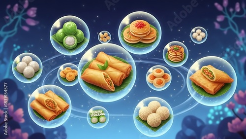 Delicious Asian Food Collection in Bubbles on a Mystical Background.