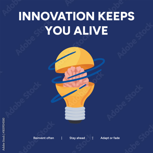 Innovation keeps you alive a lightbulb with a brain inside, surrounded by blue rings, symbolizes the importance of adapting or fading