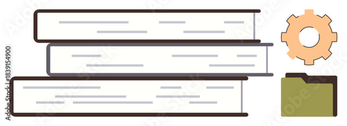 Stack of books alongside a gear and a folder. Ideal for education, knowledge, learning, research, resource management, academic planning, digital library. Simple flat metaphor