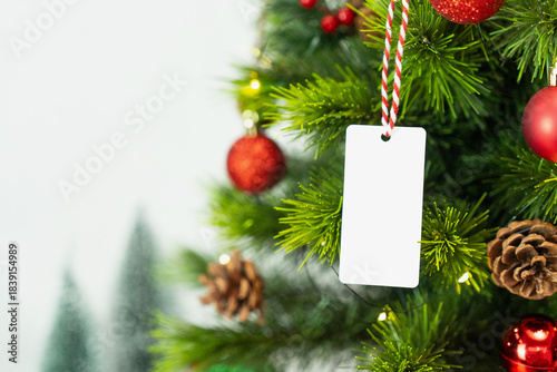White tag hanging on a decorated Christmas tree branch, isolated on white background with clipping paths. Perfect for holiday design, mockup, template, or festive branding projects.