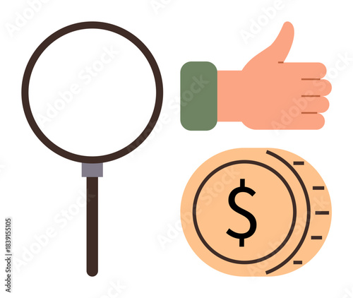 Magnifying glass, thumbs-up gesture, and dollar coin highlight financial evaluation, positive outcomes, and approval. Ideal for finance, business, approval, analysis success research