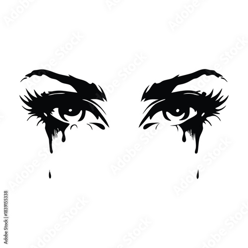 black and white illustration hand drawn of crying eyes shedding tears vector style