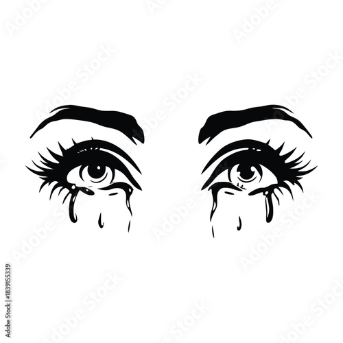 black and white illustration hand drawn of crying eyes shedding tears vector style