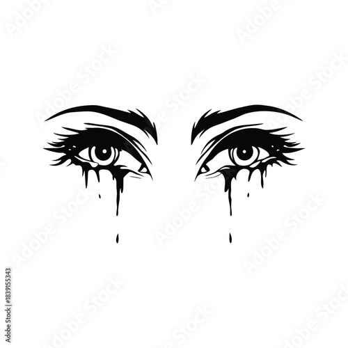 black and white illustration hand drawn of crying eyes shedding tears vector style