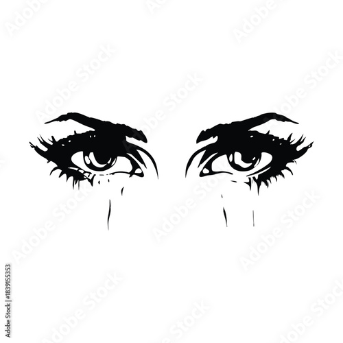 black and white illustration hand drawn of crying eyes shedding tears vector style