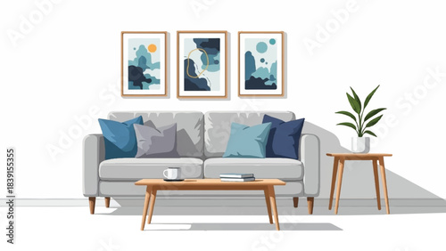 Modern Living Room Interior Design with Sofa, Coffee Table, Wall Art, and Plant in Minimalist Home