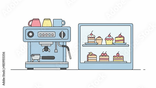 Cartoon illustration of a light‑blue espresso machine with pink, yellow and blue mugs beside a display case filled with cherry‑topped cakes on white.