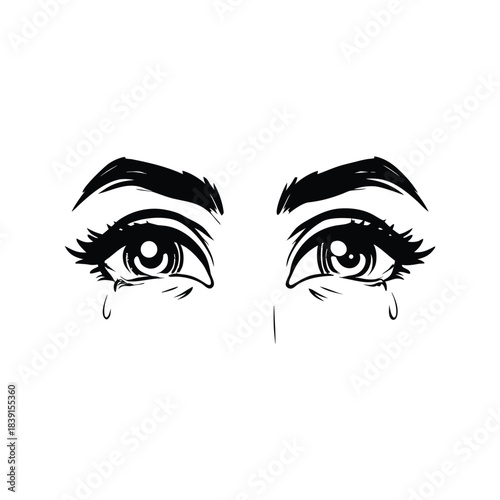 black and white illustration hand drawn of crying eyes shedding tears vector style