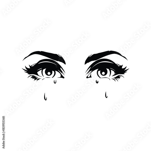 black and white illustration hand drawn of crying eyes shedding tears vector style