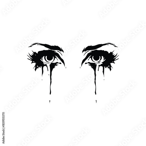 black and white illustration hand drawn of crying eyes shedding tears vector style