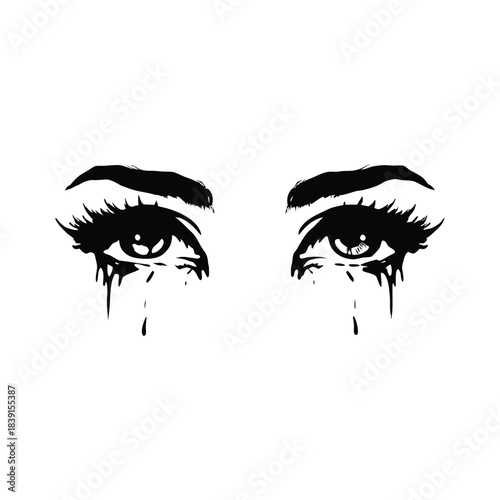 black and white illustration hand drawn of crying eyes shedding tears vector style
