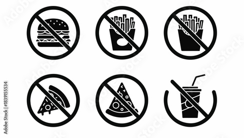 Six Forbidden Food Icons in Black-White Prohibition Design for Restaurant Guidelines