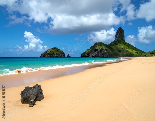 Tropical Beach Paradise with Rocky Outcrops.