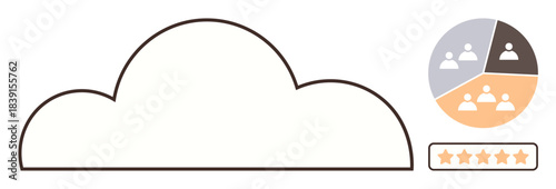 Cloud outline alongside pie chart with team division and five-star rating. Ideal for teamwork, feedback, cloud storage, data analysis, quality evaluation, performance, simple flat metaphor