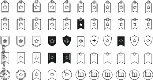 Vector icon collection of rating and success symbols, featuring line art of stars, bookmarks, badges, ribbons, shields, and magic open books.