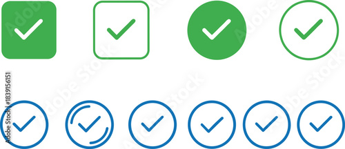 Collection of ten vector checkmark icons in green and blue colors, representing success, completion, approval, and correctness across circular and square shapes.