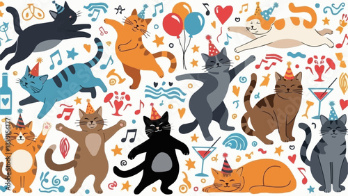 Festive Cats Celebrating with Party Hats and Balloons in a Whimsical Scene.