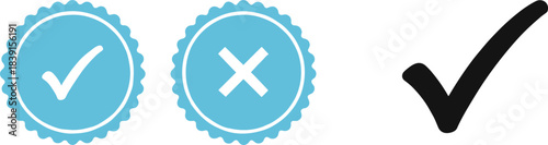 Simple vector collection of success and failure symbols, including a thick black checkmark and blue scalloped circular icons for approved and rejected status.
