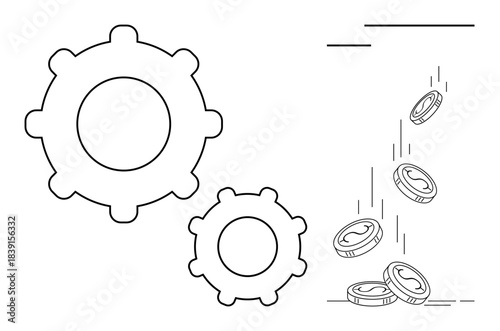 Financial growth, economic mechanisms, wealth generation, business systems, efficiency, development. Two gears and cascading coins. Financial growth and economic mechanisms concept